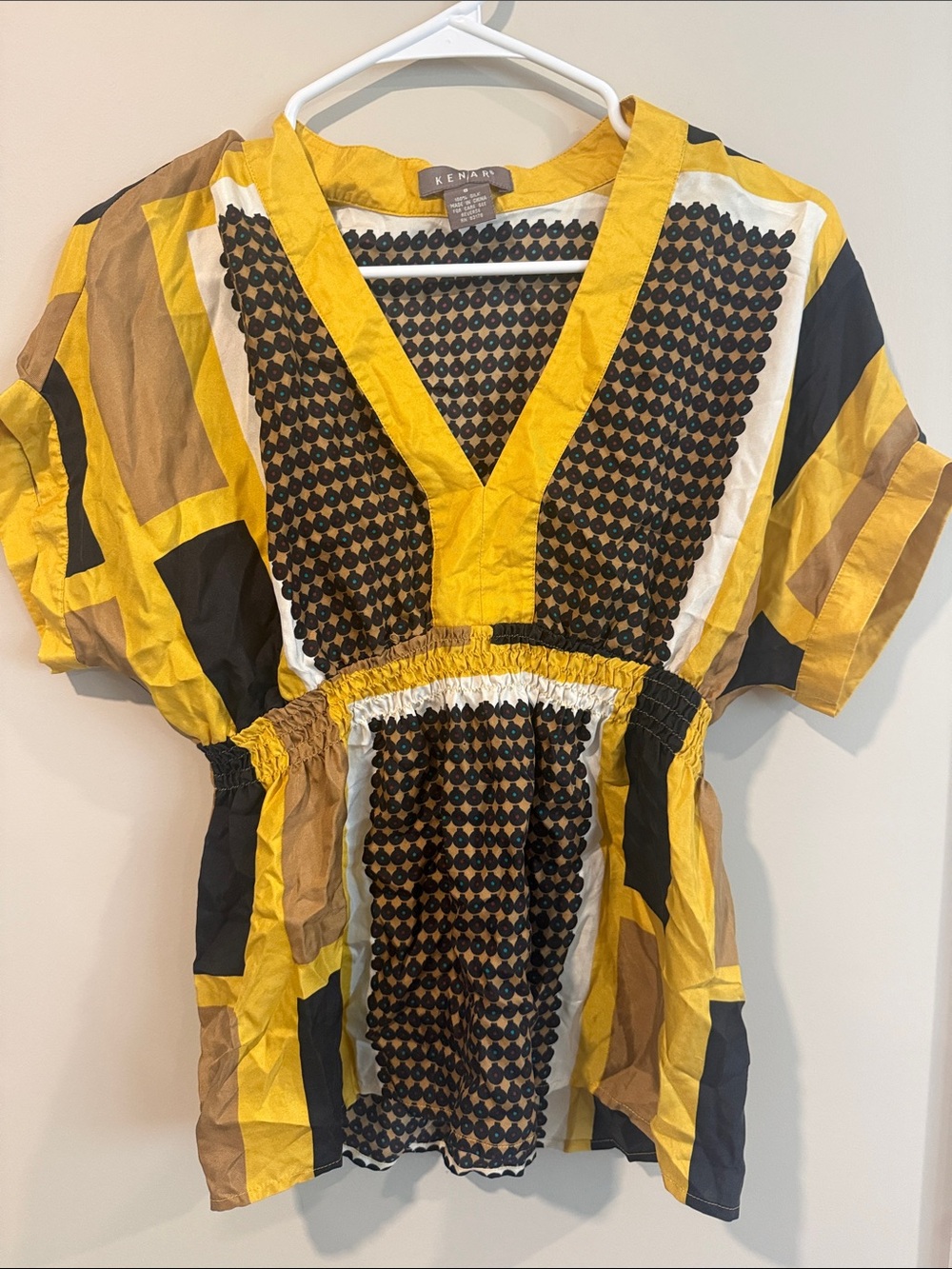 Kenar Yellow and Black Geometric V-Neck Tunic Top